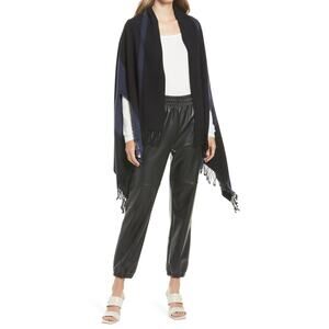 New Nordstrom Stripe Wool & Cashmere Wrap in Black/ Blue One Size